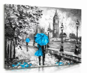 Obraz zakochani pod niebieskim parasolem