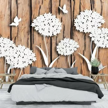 Fototapeta do sypialni - białe kwiaty na deskach