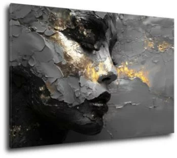 Obraz abstrakcyjny - portret twarzy z teksturą złota i pękniętej farby - obrazek 2