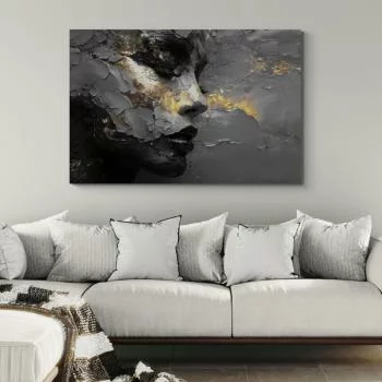 Obraz abstrakcyjny - portret twarzy z teksturą złota i pękniętej farby