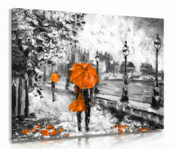 Obraz spacer zakochanych pod pomarańczowym parasolem
