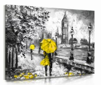 Obraz zakochani pod żółtym parasolem