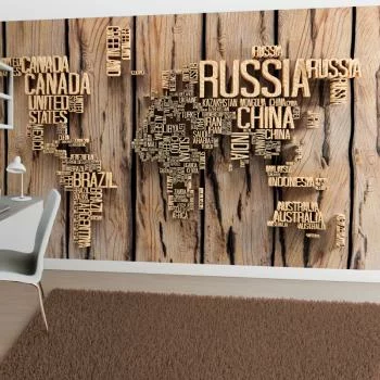 Fototapeta 3D - mapa świata - tło drewniane