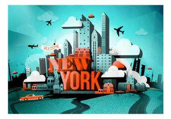 Fototapeta wodoodporna - Street art - czerwony napis Nowy Jork z motywem wieżowców i samochodów - obrazek 2