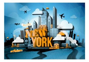 Fototapeta wodoodporna - Street art - żółty napis Nowy Jork z motywem wieżowców i samochodów - obrazek 2
