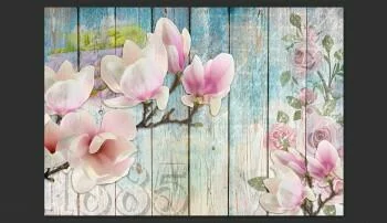 Fototapeta - Różowe kwiaty na drewnie - obrazek 2