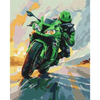 Obraz do samodzielnego malowania - Zielony motocykl w pędzie - obrazek 2