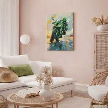 Obraz do samodzielnego malowania - Zielony motocykl w pędzie - obrazek 5