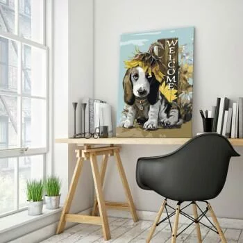 Obraz do samodzielnego malowania - Pies i słoneczniki