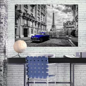 Obraz - Auto w Paryżu (1-częściowy) niebieski szeroki