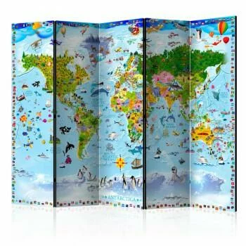 Parawan dziecięcy 5-częściowy - Mapa świata dla dzieci