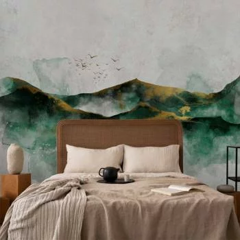 Fototapeta - Abstrakcyjny krajzielone góry ze złotymi deseniami i ptakami - obrazek 5