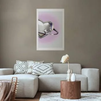 Plakat - Kosmiczne Serce - srebrne serce z pierścieniem na fioletowym tle - obrazek 2