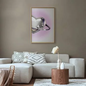 Plakat - Kosmiczne Serce - srebrne serce z pierścieniem na fioletowym tle - obrazek 2