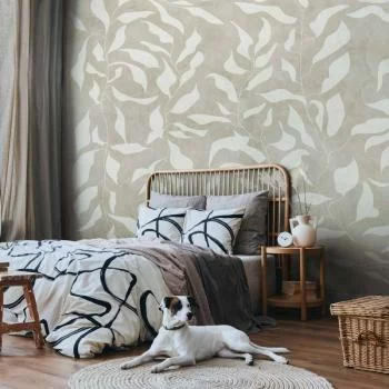 Fototapeta - Białe liście - abstrakcyjny motyw roślinny na beżowym tle z ramką - obrazek 5