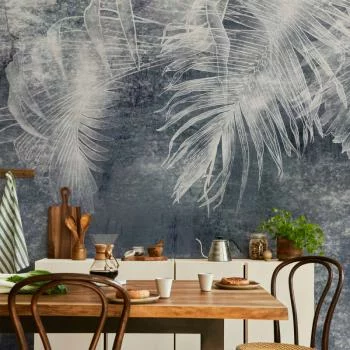 Fototapeta - Abstrakcja z naturą - egzotyczne liście na niebieskim tle z deseniem - obrazek 6