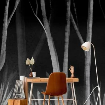 Fototapeta - Szum lasu nocą - minimalistyczny pejzaż białych drzew na czarnym tle - obrazek 6