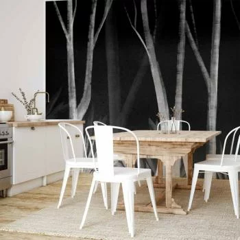 Fototapeta - Szum lasu nocą - minimalistyczny pejzaż białych drzew na czarnym tle - obrazek 5