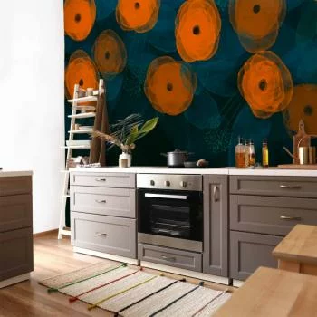 Fototapeta - Akwarelowa kompozycja - pomarańczowe desenie na delikatnym tle z liści - obrazek 5