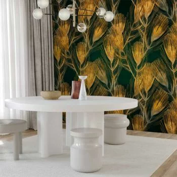 Fototapeta - Złote pióra pawia - jednolite tło z ptasim deseniem na zielonym tle - obrazek 6