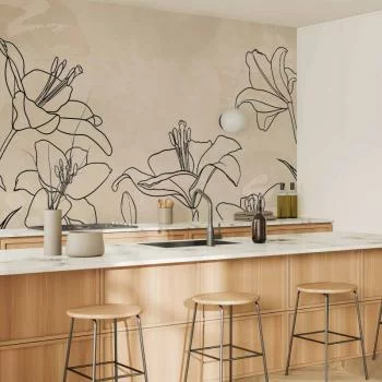 Fototapeta - Szkic natury - minimalistyczny lineart z kwiatami lilii na beżowym tle - obrazek 5