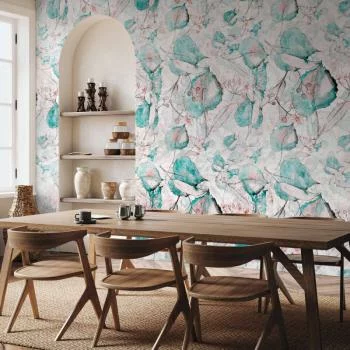 Fototapeta - Jesienne pamiątki - deseń z roślinnym motywem z turkusowymi liśćmi - obrazek 6