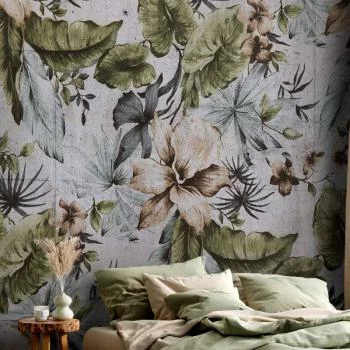 Fototapeta - Natura w stylu retro - pejzaż w dżungli z bladymi liśćmi i kwiatami - obrazek 5