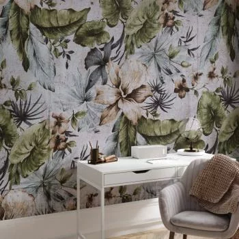 Fototapeta - Natura w stylu retro - pejzaż w dżungli z bladymi liśćmi i kwiatami - obrazek 6