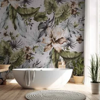 Fototapeta - Natura w stylu retro - pejzaż w dżungli z bladymi liśćmi i kwiatami - obrazek 6