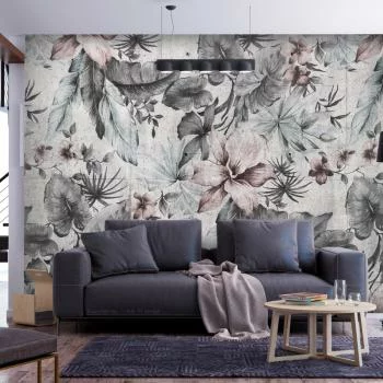 Fototapeta wodoodporna - Natura w stylu retro - pejzaż z liśćmi i kwiatami w szarych tonach