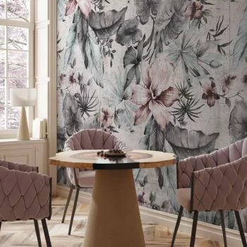Fototapeta - Natura w stylu retro - pejzaż z liśćmi i kwiatami w szarych tonach - obrazek 5