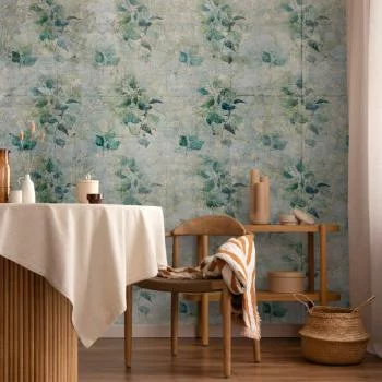 Fototapeta - Miętowe odcienie - zielone bukiety z liści na tle w retro desenie - obrazek 6