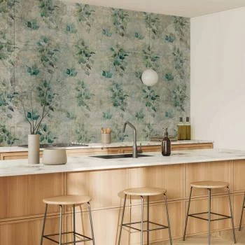 Fototapeta - Miętowe odcienie - zielone bukiety z liści na tle w retro desenie - obrazek 5