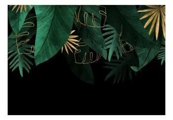 Fototapeta wodoodporna - Dżungla i kompozycja - motyw zielonych i złotych liście na czarnym tle - obrazek 2
