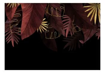 Fototapeta wodoodporna - Dżungla i kompozycja - motyw czerwonych i złotych liści na czarnym tle - obrazek 2
