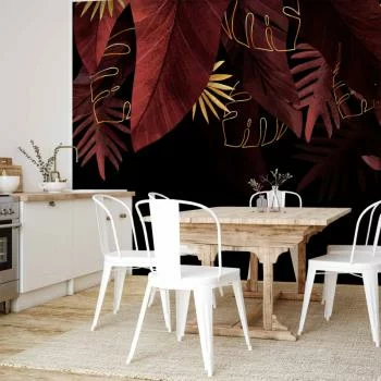 Fototapeta - Dżungla i kompozycja - motyw czerwonych i złotych liści na czarnym tle - obrazek 5