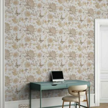 Tapeta - Beżowe kwiaty i motyle na białym tle - obrazek 6