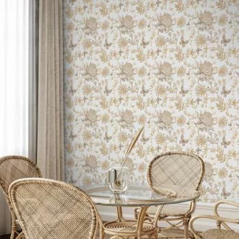 Tapeta - Beżowe kwiaty i motyle na białym tle - obrazek 5