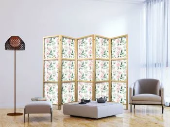 Parawan japoński - Piwonie - różowe i białe kwiaty i zielone listki na białym tle - obrazek 5