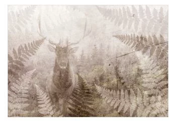 Fototapeta wodoodporna - Leśny motyw - jeleń z porożem wśród liści paproci na betonowym deseniu - obrazek 2