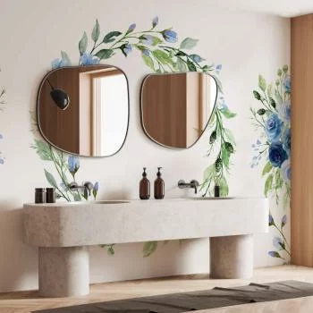 Fototapeta - Romantyczny wieniec - motyw roślinny z niebieskimi kwiatami i liśćmi - obrazek 6