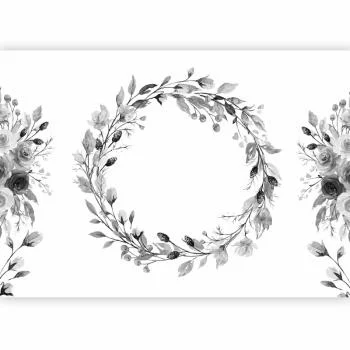 Fototapeta - Romantyczny wieniec - szary motyw roślinny z liśćmi z deseniem w róże - obrazek 2