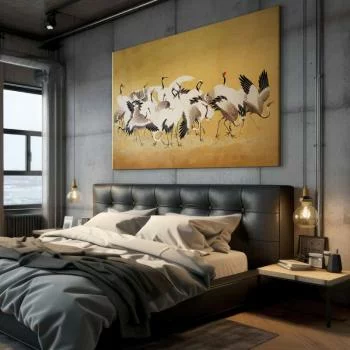 Obraz XXL - Japońskie żurawie - stado ptaków na tle w odcieniu złota na podstawie obrazu Ishida Yūtei - obrazek 6