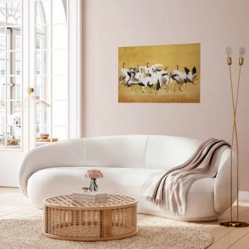 Plakat - Japońskie żurawie - stado ptaków na tle w odcieniu złota na podstawie obrazu Ishida Yūtei - obrazek 2