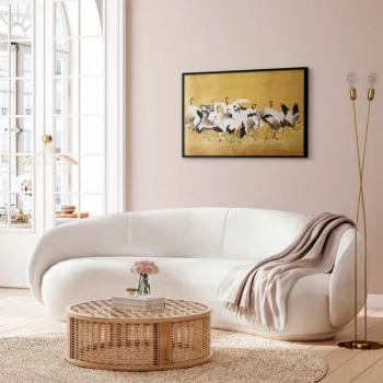 Plakat - Japońskie żurawie - stado ptaków na tle w odcieniu złota na podstawie obrazu Ishida Yūtei - obrazek 2