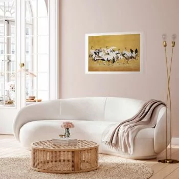 Plakat - Japońskie żurawie - stado ptaków na tle w odcieniu złota na podstawie obrazu Ishida Yūtei - obrazek 2