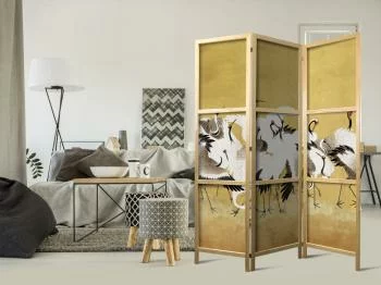 Parawan japoński - Japońskie żurawie - stado ptaków na tle w odcieniu złota na podstawie obrazu Ishida Yūtei