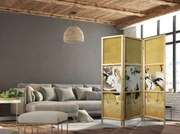 Parawan japoński - Japońskie żurawie - stado ptaków na tle w odcieniu złota na podstawie obrazu Ishida Yūtei - obrazek 2