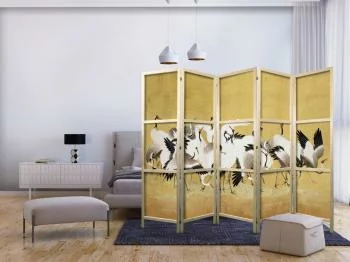 Parawan japoński - Japońskie żurawie - stado ptaków na tle w odcieniu złota na podstawie obrazu Ishida Yūtei