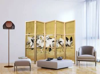 Parawan japoński - Japońskie żurawie - stado ptaków na tle w odcieniu złota na podstawie obrazu Ishida Yūtei - obrazek 2